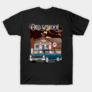 1967 Blue Chevrolet Nova Old School Print T-Shirt